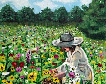 Wildflower Field Acrylic Painting, Woman Picking Flowers (8x8)