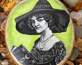 Handpainted Vintage Witch Portrait on Wood Slice