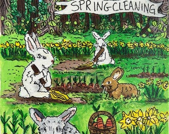 Rabbits Spring Cleaning Art, Whimsical Easter Acrylic Painting, 6x6