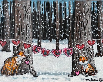 Fox Love Acrylic Painting, Snowy Forest Valentine Art (5x7)