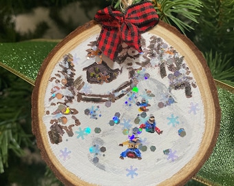 Hand-Painted Wood Slice Ornament: Sledding Scene, Glitter Detail