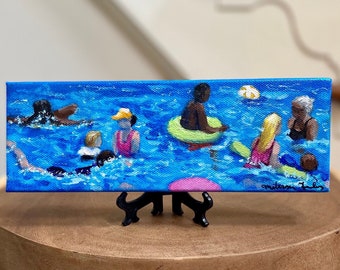 Community Pool Acrylic Painting, Summer Scene 3x9