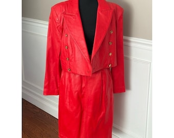 Vintage 80-90's Andrew Marc Red Leather blazer/ skirt set size 12