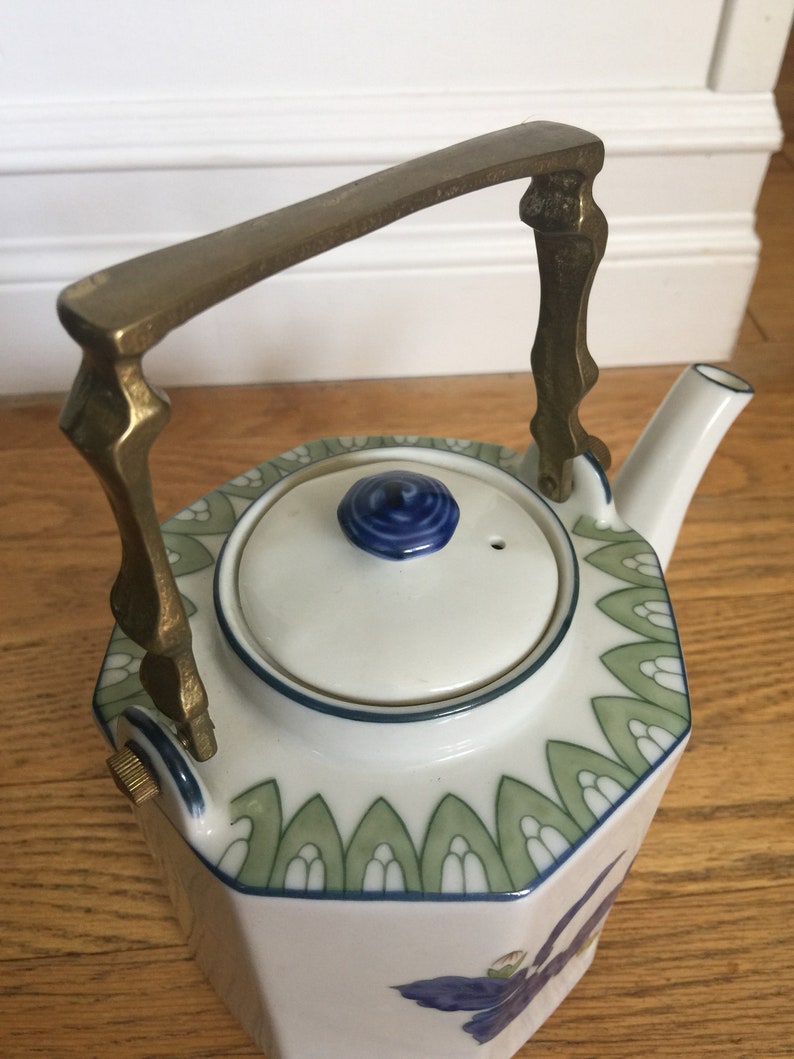 Japanese vintage Tea Pot with Brass Handle with Blue/ Green Etsy