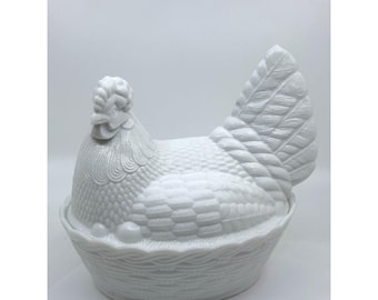 Vintage White Hen Covered Dish Nesting Chicken Farmhouse Decor Milk Glass