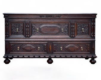 Antique Jacobean Victorian Buffet Carved Oak With Burl Wood Sideboard Credenza Entryway Cabinet Media Console - Revival Renaissance