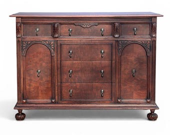 Antique 52" Jacobean Mahogany Wood Carved Victorian Buffet Sideboard Credenza Media Console Entryway Accent Cabinet