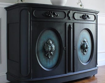 Antique 1880's Black French Henry II Style Victorian Carved Wood Buffet Sideboard Server Credenza 2 Door Accent Cabinet Entryway Cabinet