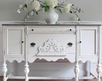 Antique Jacobean Farmhouse Rustic White Walnut Buffet Sideboard Media Console Entryway Cabinet Accent Cabinet Carved Wood Console Cabinet