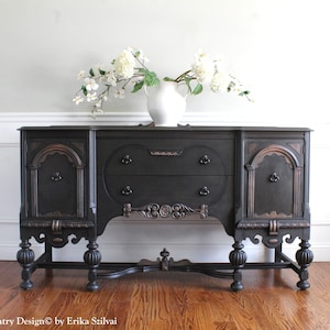 SOLD!!!  - Antique H. HERRMANN Furniture New York 1900's Jacobean French Country Farmhouse Dark Coffee Brown Buffet Sideboard Media Console