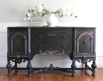 SOLD!!!  - Antique H. HERRMANN Furniture New York 1900's Jacobean French Country Farmhouse Dark Coffee Brown Buffet Sideboard Media Console