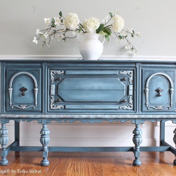 Antique Ornate JACOBEAN Early 1900's Victorian French Country Weathered Blue Buffet Sideboard Media Console