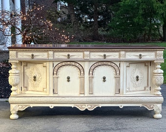 RARE Massive Antique Jacobean Early 1900's Carved Wood Victorian French Country Buffet Sideboard Media Console Entryway Table