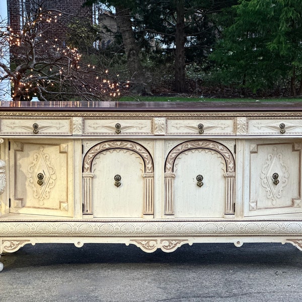 RARE Massive Antique Jacobean Early 1900's Carved Wood Victorian French Country Buffet Sideboard Media Console Entryway Table