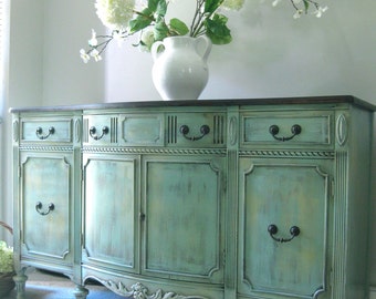 SOLD!!!!!! Vintage Antique Sheraton Style French Country Design Hand Painted Weathered Rustic Buffet Sideboard Media Console
