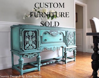 SOLD!!!  - Rare Antique Ornate Jacobean Hand Painted French Country Design Distressed Turquoise / Aquamarine Blue Green Buffet Sideboard