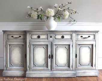 SOLD!!! Vintage Swedish Gustavian Style French Country Design Hand Painted Shabby Chic Weathered White Gray Buffet Sideboard Console Cabinet