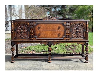 COMING Up - Antique BERKEY & GAY Furniture ca. 1920's Jacobean Ornate Carved Wood Buffet Sideboard Media Console Entryway Cabinet Accent