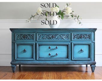 SOLD OUT*** Refinished Vintage Turquoise Blue Buffet: Ornate French Country Sideboard, Media Console