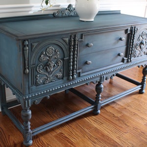 SOLD Antique BERKEY & GAY Furniture ca. 1920's Jacobean French Country Design Weathered Buffet Sideboard Media Console image 7