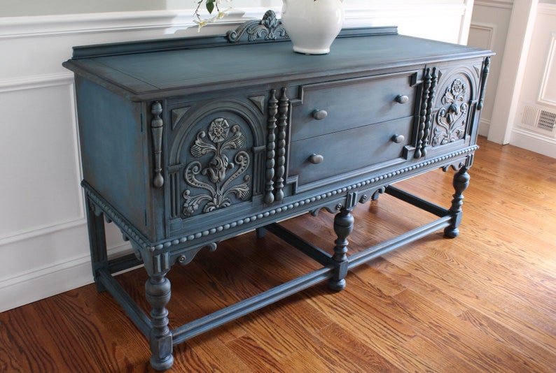 SOLD Antique BERKEY & GAY Furniture ca. 1920's Jacobean French Country Design Weathered Buffet Sideboard Media Console image 7