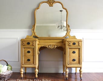 SOLD!!! - Antique Jacobean Vanity - French Country Design Ornate Hand Painted Mustard Yellow Vanity Dressing Table Makeup Table Mirror