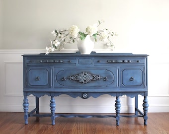 Antique Jacobean Farmhouse Blue Walnut Buffet Sideboard Media Console Entryway Cabinet Accent Cabinet Carved Wood Console Cabinet Credenza