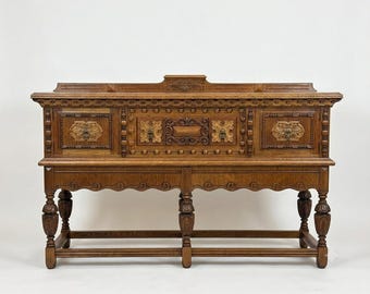 Antique WEST END Furniture Jacobean Ornate Carved Wood Oak Buffet Sideboard Media Console Entryway Accent Cabinet As Is or Custom Finish