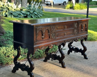 RARE Antique BERKEY & GAY Jacobean Spanish Revival Walnut Burl Wood Buffet Sideboard Media Console Entryway Cabinet Accent Cabinet Credenza