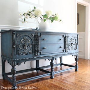 SOLD Antique BERKEY & GAY Furniture ca. 1920's Jacobean French Country Design Weathered Buffet Sideboard Media Console image 3