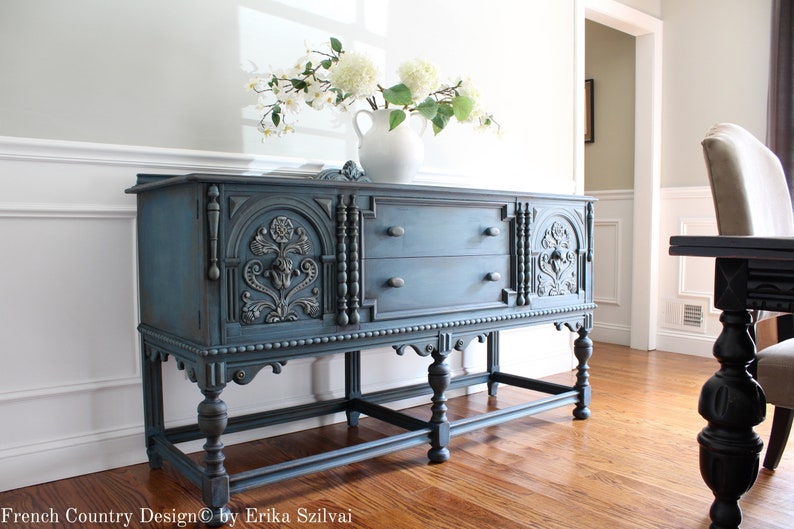SOLD Antique BERKEY & GAY Furniture ca. 1920's Jacobean French Country Design Weathered Buffet Sideboard Media Console image 3