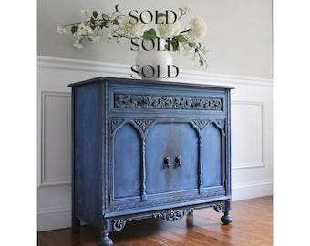 SOLD OUT*** Rustic Farmhouse Blue Antique Jacobean Victorian Carved Wood Server Cabinet 2 Door Accent Cabinet Entryway Cabinet Accent Chest