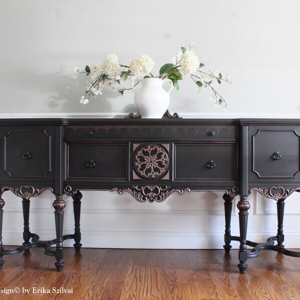 On Hold- Antique HELLAM FURNITURE Early 1900's Victorian Jacobean Carved Wood French Country Buffet Sideboard Media Console Entryway Cabinet