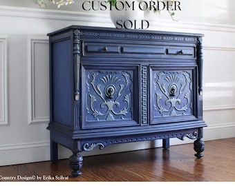 SOLD SOLD !!!!! - Antique Early 1900's Blue Server Cabinet / Small Buffet / Sideboard / Entry Way Cabinet / Console / Accent Cabinet