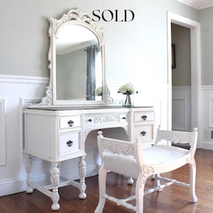 SOLD SOLD!!!!! - Antique ROCKFORD Furniture Jacobean Hand Painted Vanity Set Dressing Table Makeup Table with Mirror and Stool / Bench