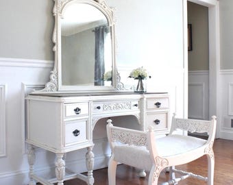 SOLD OUT*** Antique Jacobean Vanity Set: Hand-Painted Dressing Table with Mirror & Stool