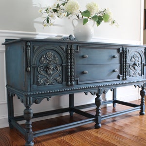 SOLD Antique BERKEY & GAY Furniture ca. 1920's Jacobean French Country Design Weathered Buffet Sideboard Media Console image 5