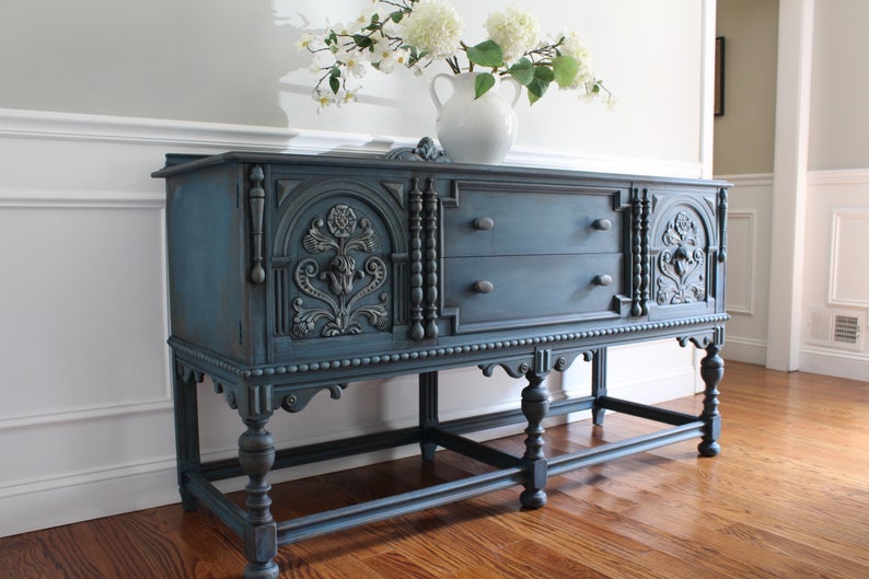 SOLD Antique BERKEY & GAY Furniture ca. 1920's Jacobean French Country Design Weathered Buffet Sideboard Media Console image 5