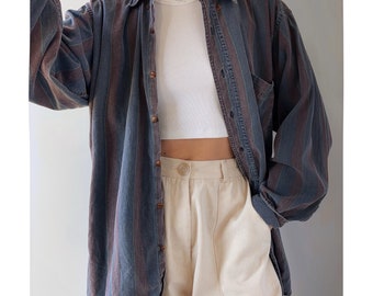 Vintage 90er Jahre übergroßes, gestreiftes Jeanshemd mit Knopfleiste