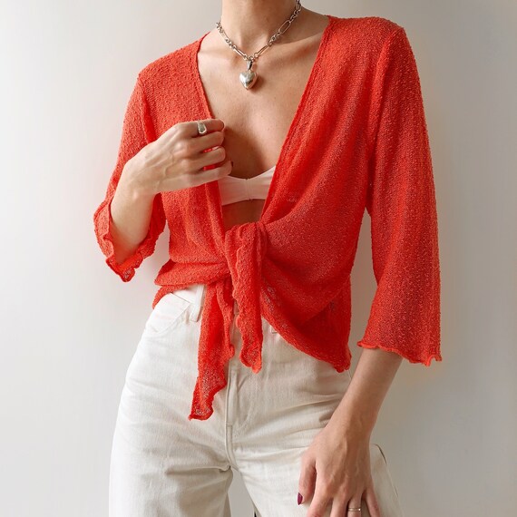 Vintage 00s coral sheer knit textured cropped tie… - image 1