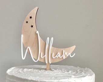 Personalized Crescent Moon Cake Topper: Wood & Acrylic, Space Theme
