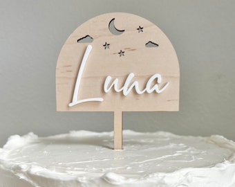 Personalized Moon Cake Topper, Two The Moon Topper, Custom Wood Cake Topper, Moon & Stars Theme Topper