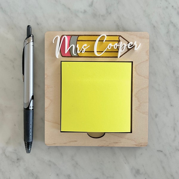 Personalized Pencil Notepad Holder, Teacher Appreciation Gift, Sticky Notepad Holder 3" x 3"