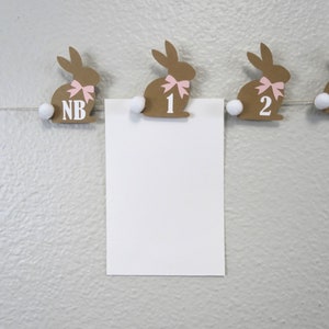 May include: A brown bunny garland with pink bows and white pom-poms. The garland has a white card attached to it with the numbers "1" and "2" written on it. The bunny on the left has the letters "NB" written on it.