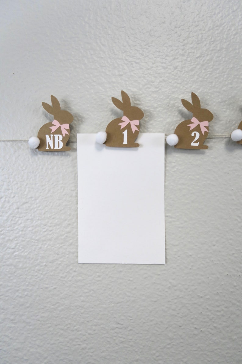May include: A brown bunny garland with pink bows and white pom-poms. The garland has a white card attached to it with the numbers "1" and "2" written on it. The bunny on the left has the letters "NB" written on it.