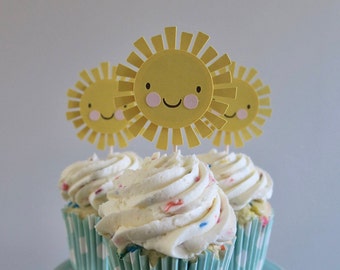 Sunshine Cupcake Toppers - You Are My Sunshine Theme Birthday or Baby Shower, Sun Cupcake Toppers, Summer First Birthday Theme