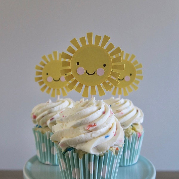 Sunshine Cupcake Toppers - You Are My Sunshine Theme Birthday or Baby Shower, Sun Cupcake Toppers, Summer First Birthday Theme