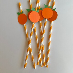 Peut inclure: Six pailles en papier ray&eacute;es orange et blanc avec des cercles en papier orange et des feuilles en papier vert attach&eacute;es au sommet de chaque paille.