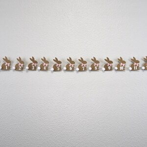 May include: A brown bunny garland with pink bows and white numbers, from NB to 12, strung on a white string with white pom-poms between each bunny.