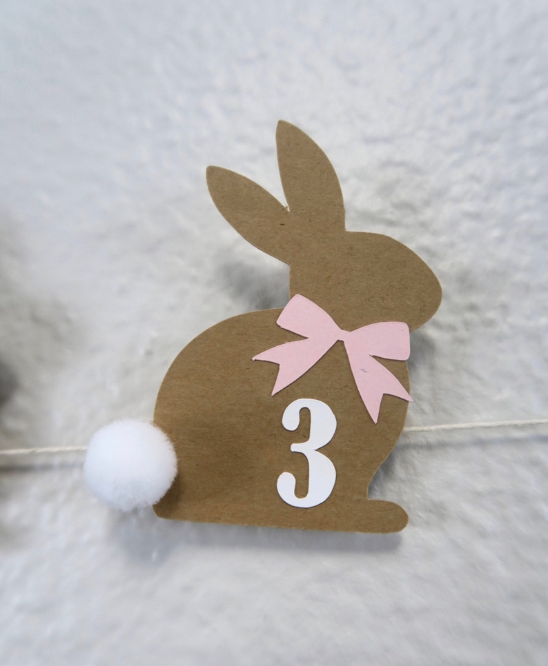 May include: Brown paper bunny with a pink bow and the number 3 on it. The bunny has a white pom-pom tail.